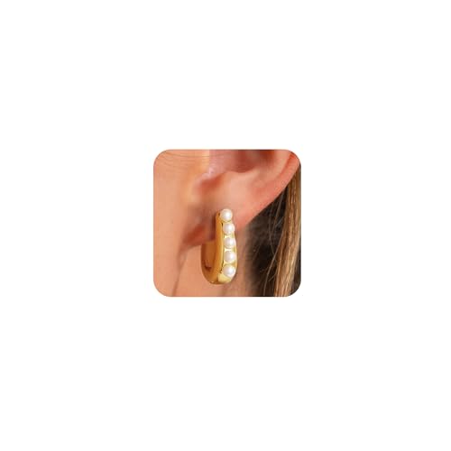 Pearl Earrings for Women - Dainty Gold Earrings Trendy 14K Gold Plated Freshwater Pearl Dangle Hoop Stud Earrings for Women Wedding Jewelry Gift for Women