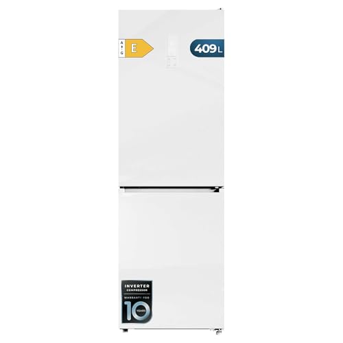 Cecotec Frigorífico Combi Bolero CoolMarket Combi 409 White Glass C. 409 Litros, Altura 184,6 cm, Ancho 59,5 cm, Clase C, Total NoFrost, Cajones Fresh Flex y Green Hub, Motor Inverter