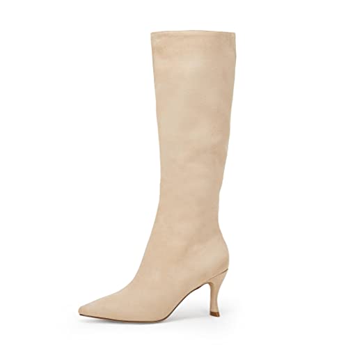 Coutgo Womens Knee High Boots Pointed Toe Kitten Heel Side Zipper Stretchy Vegan Suede Comfort Fall Winter Boot2