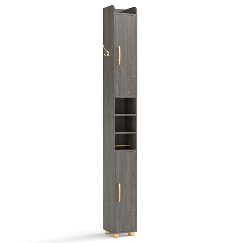 Image of Tangkula Narrow Bathroom Cabinet, 69.5 inch Tall Storage with 2 Doors & Adjustable Shelves, Toilet Paper Rod & Side Hook, Anti-toppling Design, Slim Floor Cabinet for Small Spaces (Gray, 1 Pack)
