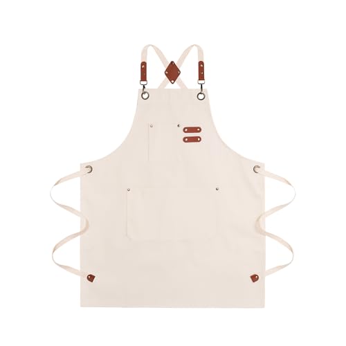 ARBINSON Chef Aprons for Men Canvas Apron with Large Pockets and Adjustable Neck Strap for Cooking,BBQ, Gardening(cream)