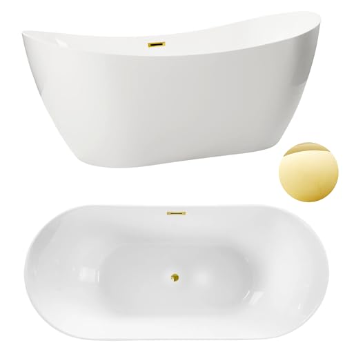 Aquauno - Baignoire autoportante en acrylique sanitaire de qualité supérieure - 170 x 72 cm - Avec bonde clic-clac, trop-plein, couvercle, bonde en or miroir - Design moderne pour baignoire