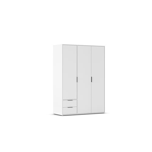 Rauch Möbel Hamilton, Armoire Chambre, penderie, vestiaire, Armoire de Rangement, 3 Portes, 2 tiroirs, Couleur Blanc, poignée Courte Gris métallisé, 140x194x54cm