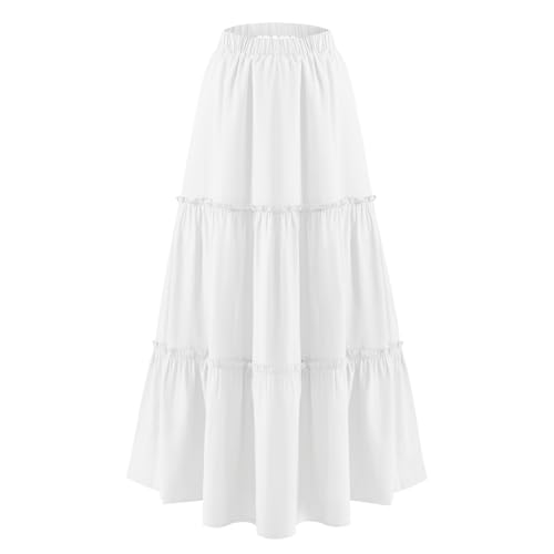 BOMAROLAN Women's Maxi Skirts Summer Elastic High Waist Boho Flowy Skirt A Line Long Skirts Ruffle Swing Beach Skirts