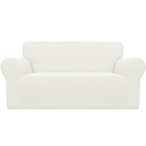 Image of Easy-Going Stretch Loveseat Slipcover 1-Piece Sofa Cover Furniture Protector Couch Soft with Elastic Bottom for Kids Polyester Spandex Jacquard Fabric Small Checks (Loveseat, Cream)