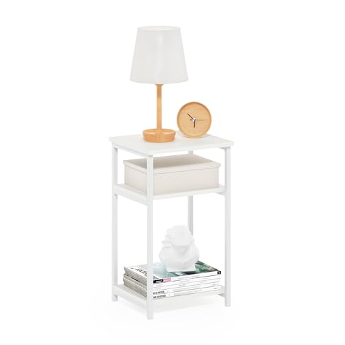 Image of Furinno JUST 3-Tier Telephone Table, Metal Frame Modern Side Table with Open Shelf, Night Stand, Bedside Table, Easy Assembly, for Living Room, Bedroom, White
