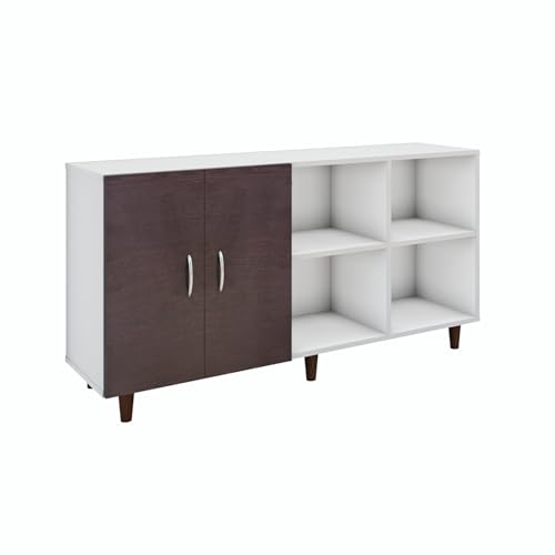 Image of VIKI Modern TV Unit for Living Room | Engineered Wood TV Cabinet with 2 Door Storage & 2 Open Shelves, Entertainment Unit, 140W x 74H x 40D cm | DIY | 1 Year Warranty (White & Wenge)
