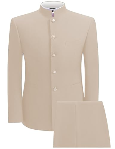 2 Piece Men's Chinese Suit Chinese Stand Collar Slim Fit Suits Front Button Blazer Pant Set,Beige-L
