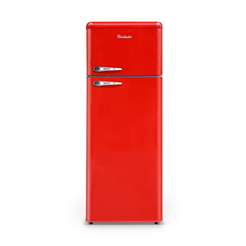 Radiola RARDP210RV, Réfrigérateur 2 portes Vintage, 211L (172+39), Froid statique, Dégivrage automatique, 3 clayettes verre, Pose libre, Pieds réglables, Rouge