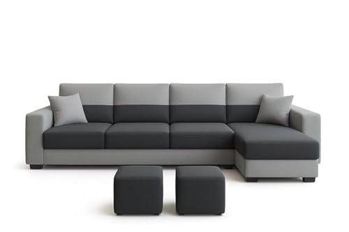 Image of Premium Velora 5 to 6 Seater Fabric RHS with 2 Ottoman L Shape Sofa Set for Living Room | with Velvet Fabric | 3-Year Warranty in Dark Grey & Light Grey Color