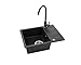 Produktbild VBChome Spülbecken mit Armatur 56 x 44 cm Schwarz Granit Einzelbecken Einbauspüle Gesprenkelt Reversibel Granitspüle Siphon Waschbecken