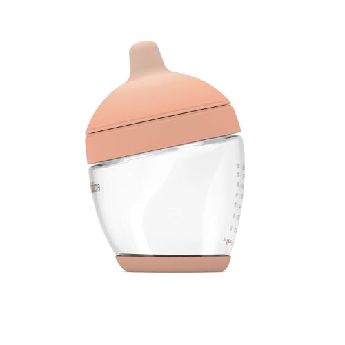 Image of Emulait Glass Classic Baby Bottle for Newborns and Infants, Natural Breast-Like Shape 4, Color Fair, Anti-Colic Venting, Soft Silicone Nipple, Easy-Latch, Glass Nursing Bottle for Feeding, 8oz