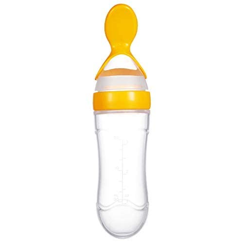 Baby Premium Steel Bottle For Milk Feeding & Yellow Silicone Squeezy Spoon Bottle For Food Feeder BPA Free, 304 Grade Steel Soft Silicone pacifier for Infants Newborns of 0-2 Years (Pack of-2)