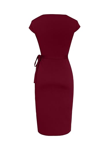 Image of Women's Vintage Cap Sleeves Asymmetrical Neckline Sheath Bodycon Casual Work Cocktail Party Pencil Faux Wrap Dresses