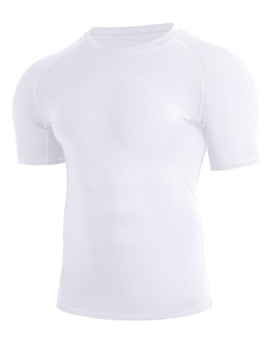 Nukuvara Mens Compression Shirt Short Sleeve Athletic Football Undershirts Quick Dry Base Layer T-Shirt Workout Gym Running White M