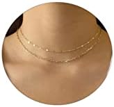 Beriso 14K Gold/Silver Plated Layered Satellite Choker Shining Dots Station Box Chain 3 Blue Beads Sparkle Chain Necklace Open Hearts Open Stars Link Chain Exquisite Jewelry Gifts for Women Mom Girlfriend