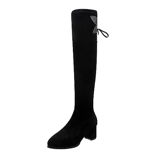 Botas de mujer lisas, con diamantes de imitación, diseño de mariposa, tacón grueso, con refuerzo de altura, elásticas, hasta la rodilla, elásticas, acolchadas, botas largas, Negro , 40 EU