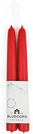 Bluecorn Beeswax 100% Pure Beeswax Taper Candles, Pair (2 Tapers)(Red, 8")