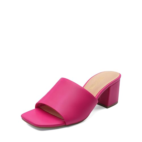DREAM PAIRS Women's Square Open Toe Heels Sandals Low Block Chunky Heeled Sandals Slide Sandals Slip on Comfortable Casual Pumps Shoes 6 Hot Pink-pu