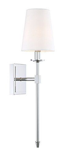 Image of Kira Home Torche 20 inch Mid Century Modern Wall Sconce for Bathroom Vanity | Tapered White Linen Shade, Chrome Candle Wall Light with Elongated Tail, Chrome Finish