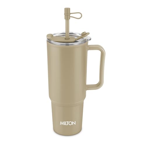 Image of MILTON Maven 1000 Plastic Water Tumbler | 2-in1 Lid Sip or Gulp | Crystal Clear BPA Free-Food Grade | Sturdy Handle | Large Travel Mug for Gym, Office & Outdoor Use, 1 L, Brown