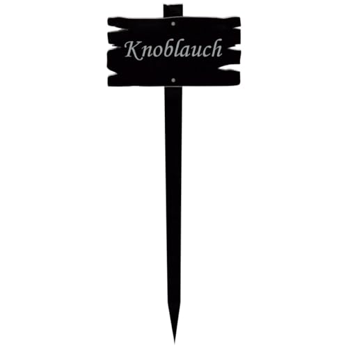 Bütic GmbH Acrylglas Pflanzschilder Holzbrettoptik schwarz - Gartenstecker, Kräuterschilder, Pflanzenstecker - Auswahl + Wunschname - wetterfest, Pflanzenname:Knoblauch
