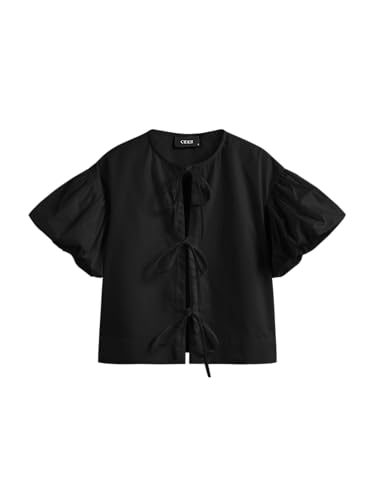 CIDER Shirts for Women Tie Front Top Knotted Crop Peplum Babydoll Puff Sleeve Blouse Cute Crew Neck Top