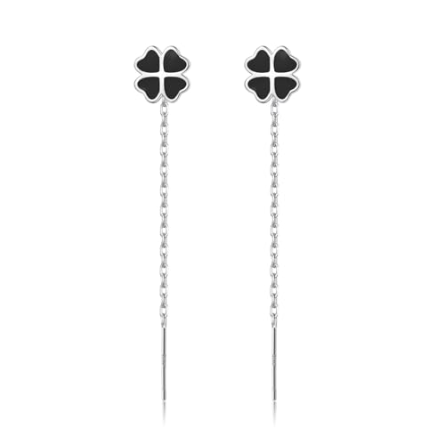 Reffeer Solid 925 Sterling Silver Leaf Clover Dangle Earrings Chain for Women Teens Girls Black Leaf Tassel Drop Earrings Threader St. Patricks Earrings (A-Silver)