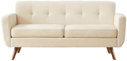 Mid-Century Modern Loveseat Sofa, Beige Linen Upholstery, Button Tufted Back, Wooden Legs, 6.3 Inch Clearance