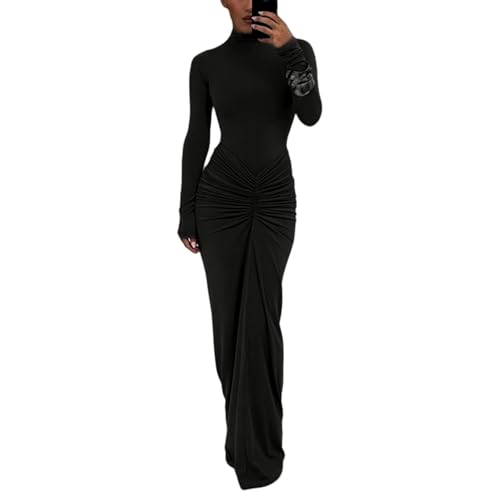 Image of Women's Sexy Turtleneck Long Sleeve Maxi Dress Elegant Ruched Bodycon Long Dress Casual Party Dresses