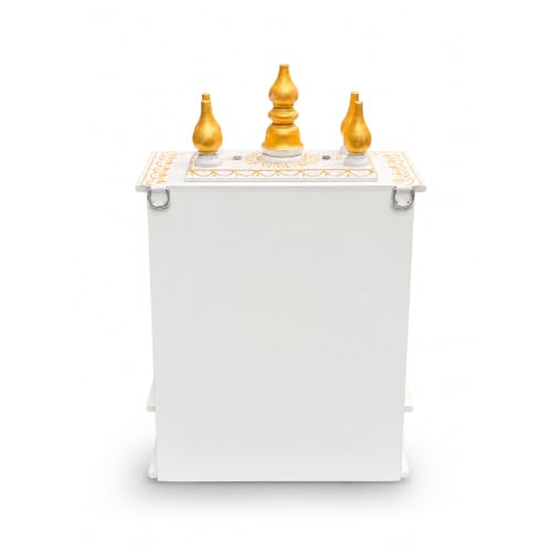 Image of Handmade Wooden Temple Mandir in White & Gold, Hand-Painted with Carved Panels; Perfect Decorative Pooja Shrine for Home or Office, 30x15x40 cm
