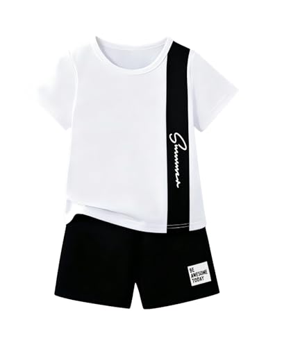 Image of Ayzozuy Boy Clothes Colorblock Top + Drawstring Waist Shorts 2 Pieces Kid Summer Outfits Set