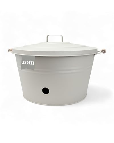 Livlig53 LIVLIG Schlauchtopf Metall, Schlauchkübel mit Deckel und Ablauflöchern bis zu 20m Gartenschlauch, schöne Schlauchaufbewahrung Made in Europa, Greige