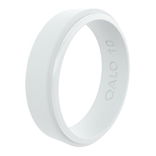 QALO Silicone Ring for Men & Women, White (Size 5) - Narrow Polished Step Edge - Male & Female Wedding Bands - Unisex Silicone Rings - Rubber Engagement Rings for Him & Her - 6.5mm x 2mm
