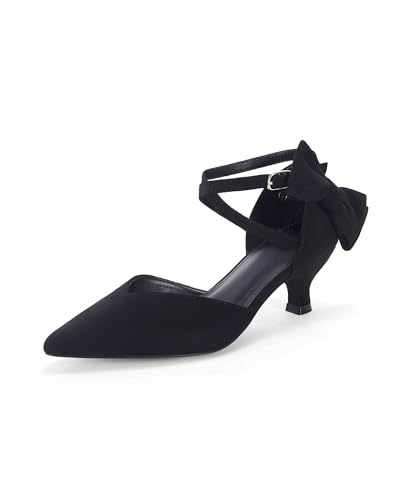 Coutgo Womens Low Kitten Heel Bow Heels Dress Shoes Closed Pointed Toe Ankle Strap Elegant Wedding Party Pumps
