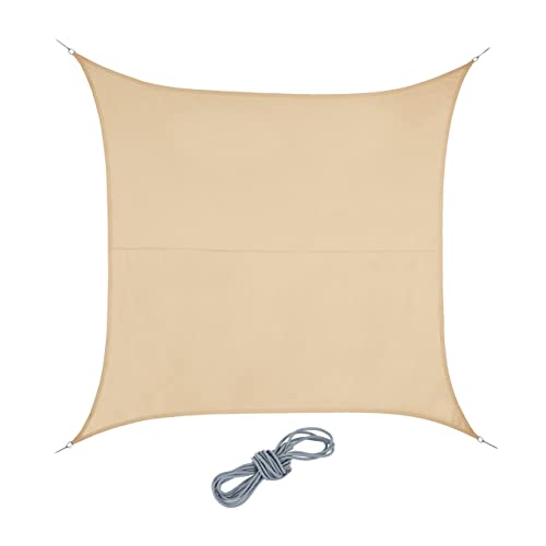 Relaxdays Sonnensegel, 3 x 3 m, wasserabweisend, konkav, PES-Gewebe, Spannseile, Terrasse, Balkon, quadratisch, Sand