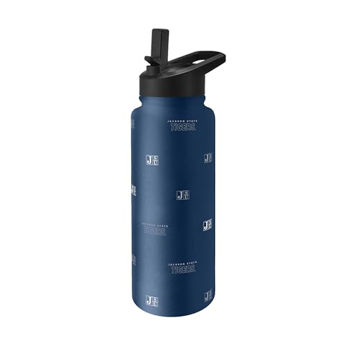 Image of Logo Brands NCAA Jackson State Tigers Step & Repeat 34 oz Stainless Steel Quencher Bottle - All Over Logo Design, No-Spill Lid, Easy Carry Handle - Keeps Drinks Cold For Hours