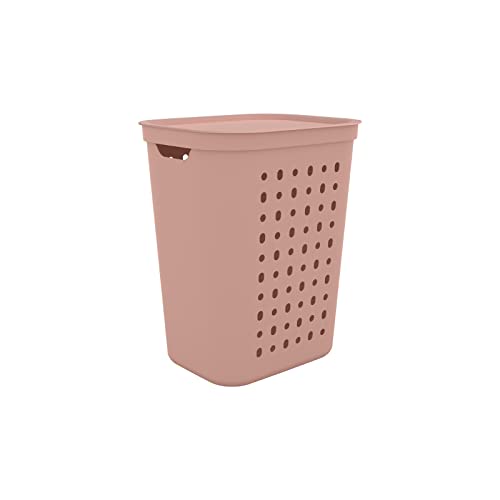 Rotho Jona Laundry Basket 55 L with Lid, Plastic (PP Recycled), Pink, 55 L (43.2 x 35.5 x 53.3 cm)