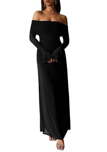 Women Off Shoulder Bodycon Maxi Dress Long Sleeve Mesh Ruched Party Formal Wedding Guest Dresses
