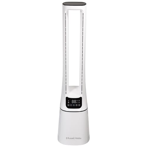 Russell Hobbs Bladeless Quiet Tower Fan with Remote Control, Tall Standing Fan, 105cm Tall, 10 Speed Settings, 12 Hour Adjustable Timer, Oscillating Fan 22W, White, 2 Years Guarantee RHBLDL12