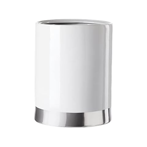 Motifeur Bathroom Wastebasket - Ceramic Decorative Trash Can (White and Silver)… Cover
