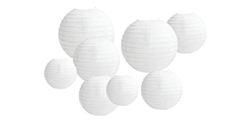 8 PCS Paper Lanterns, Round White Paper Lantern with Wire Ribbing, Different Sized White Lampshades, 6 8 10 12 Paper Lampshades for Weddings, Parties, Celebrations, Patios and Rooms