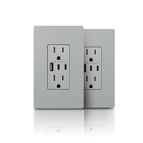 TOPELER 2 Pack USB Receptacle Outlets, 30W 6.0A USB C Wall Outlet, in-Wall Charger with 15A TR Outlet, Electrical Socket with 3 USB Port, ETL & FCC Listed, Screwless Wall Plate, Gray