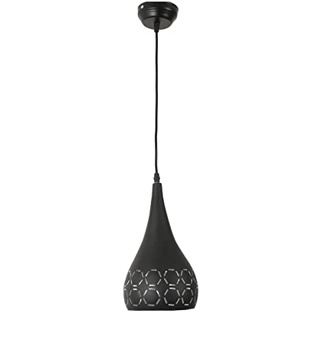 Image of DarkVision Decorative Hanging Pendant Light Stylish Tear Drop Design with Premium Black Metal and Cutwork Pattern Ceiling Lamp for Kitchen, Staircase, Entryway, Dining Room (with Bulb)
