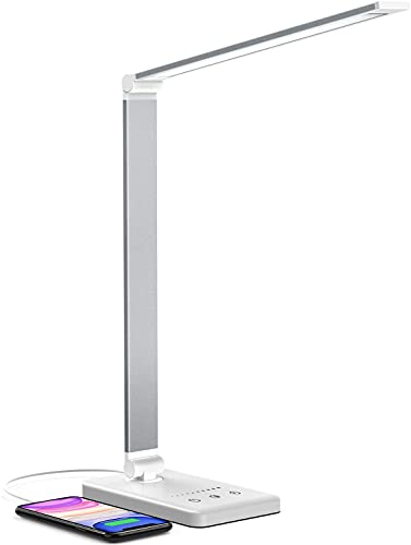 Lampe de Bureau LED, Jirvyuk LED Lampe de Table 5 Modes de Couleur et 10 Niveaux de Luminosité Ajustable Contrôle Tactile Protection des Yeux avec 1 Port Chargeur USB pour Charger Smartphone (Argent)
