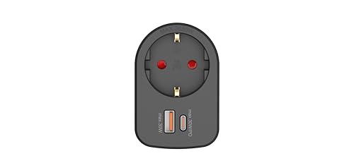 Simon – Adaptador Combi 1 Toma 16A (250V) + 2 Puertos USB (A+C) 30W, Carga Rápida con Quick Charge para Móviles, Smartphones y Tablets, Enchufe de Pared Compacto, Color Negro
