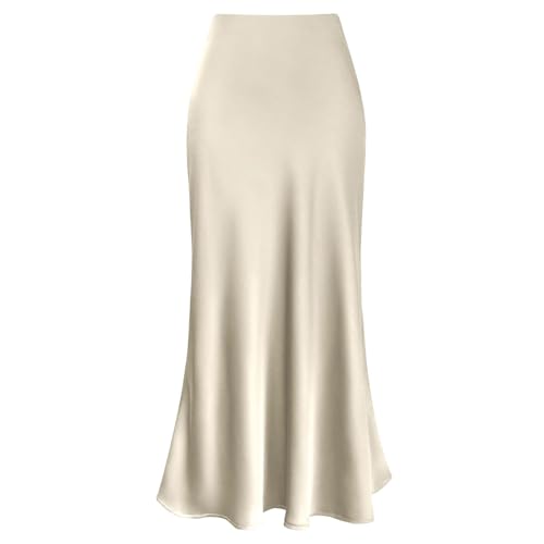 Women's Spring Summer Satin Silk High Waist Ruffle A Line Long Maxi Skirt Tulip Hem Skirts