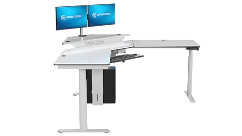 Image of VERSADESK 72 inch x 72 inch Electric L-Shaped Corner Standing Desk, Commercial Grade Height Adjustable Sit Stand Workstation, Ergonomic Computer Desk for Home Office, White Frame, White Surface
