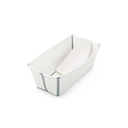 Stokke Flexi Bath Portable Baby Bathtub Bundle with Heat-Sensitive Plug and Newborn Baby Bath Support, White Grey