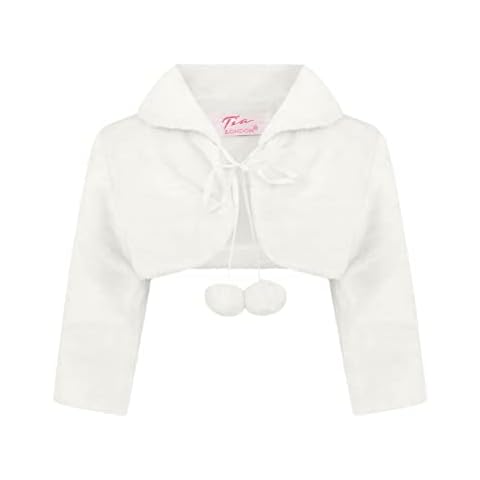 AEL Girls Fur Bolero 3/4 Sleeves Shrug for Special Occasion Pom Pom with Ribbon Fastening Colour: Ivory - Size: 11-12 Years Cover